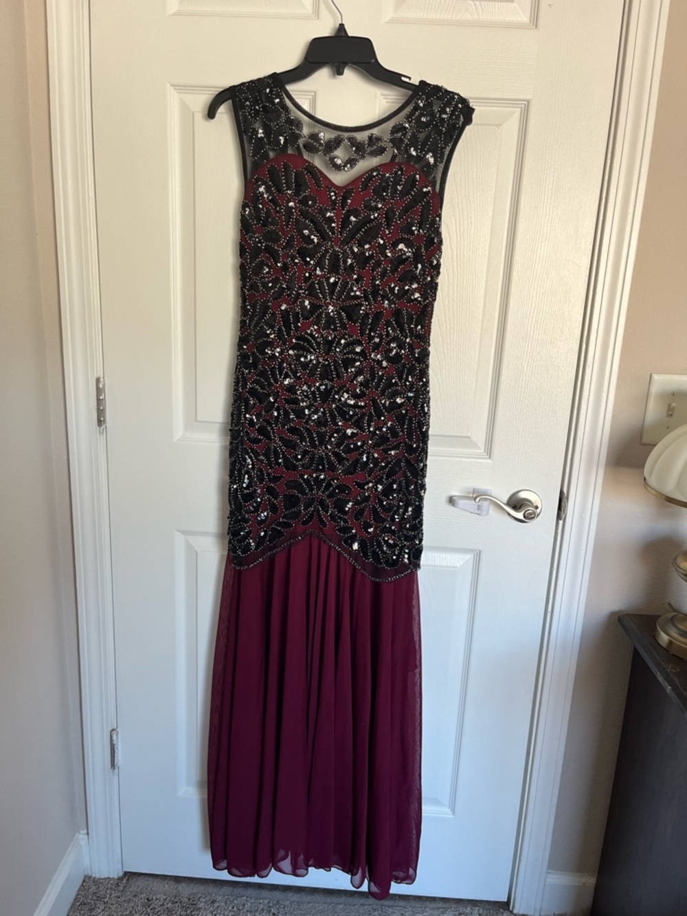 Amazon Black Beaded Overlay Prom Dress with Burgundy Skirt